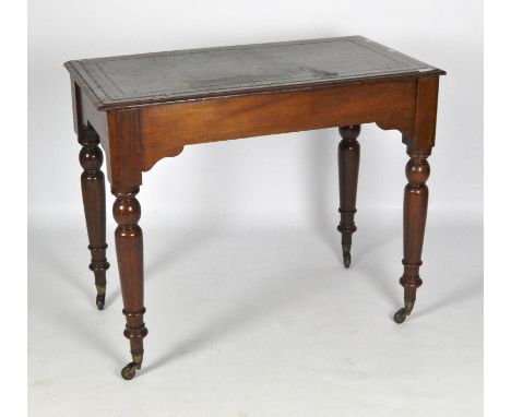 A Victorian mahogany side table, with a green leather tooled and gilt inlay to the top and on turned supports, 74.5cm x 91cm 