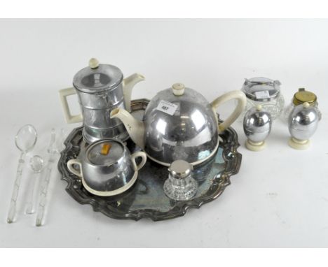 A selection of vintage chrome and ceramic tableware including a Kosykraft coffee pot, an Ever-hot teapot, egg cups, a silver 