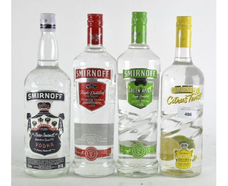Four bottles of Smirnoff Vodka, comprising; blue label, 50% vol, red label, green apple and citrus twist, all 1 litre