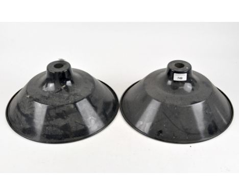 A pair of retro enamel ceiling lights, the exterior in navy blue and the interior in cream, diameter 36cm