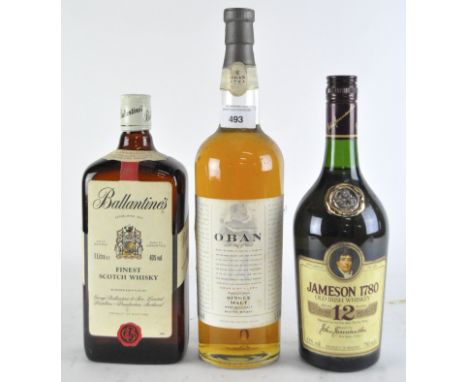 A single bottle of Oban 14 year old single malt scotch whisky, 43% vol, 1 litre, together with a bottle of Ballantines scotch