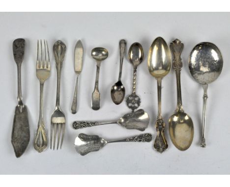 A collection of silver and plated flatware, to include a pair of Victorian silver dessert spoons, Georgian butter knife, Vict