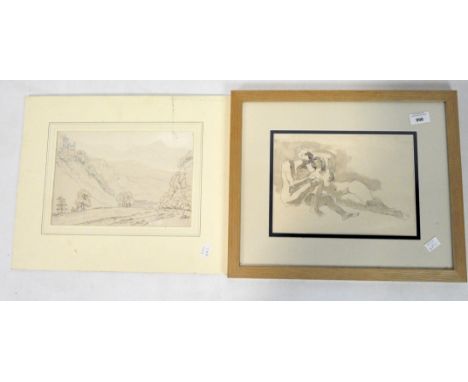 A Thomas Sunderland (1744-1828) pencil and ink sketch, 'Below Hotwells, Bristol, Blaise Castle on right', mounted 28cm x 19cm