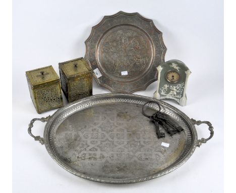 A pair of brass lidded canisters of square form with textured decoration, together with a copper charger, set of three antiqu