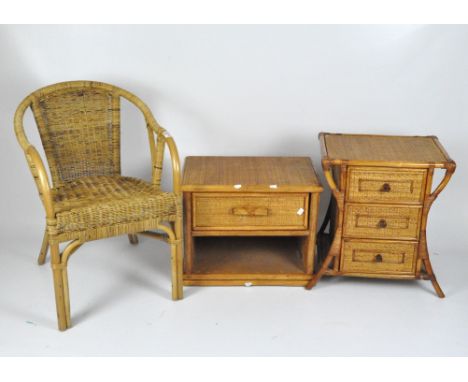 Three pieces of wicker furniture, comprising an armchair, bedside cabinet chest of drawers and an side table unit with single