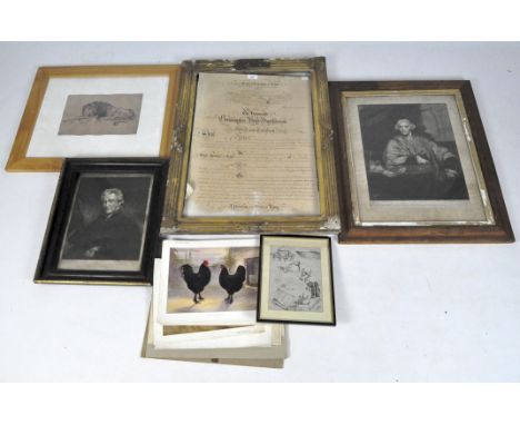 A framed parchment to Hely-Hutchinson 1812 from the Catholics of Ireland, together with two 19th century portrait engravings,