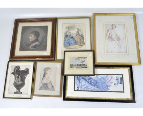 A collection of prints and drawings, some featuring classical subjects, including a coloured print of Beaumarais Castle, all 