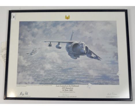 A limited edition print of 'The Last Launch on the Faulklands 1(F) Squadron, 14 June 1982' by Geoffrey E. Lea, signed by two 