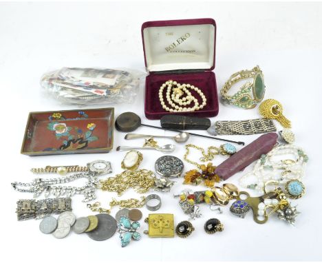 A collection of assorted costume jewellery and silverware, to include a Georgian silver salt spoon, silver ladies gate bracel