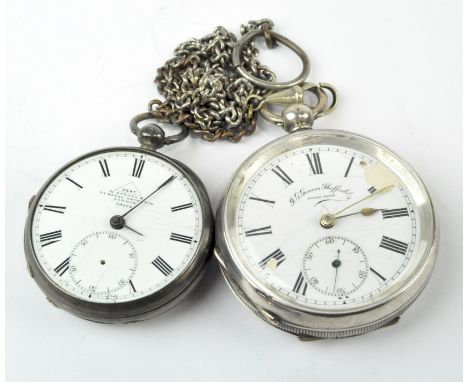 Two silver cased open faced pocket watches, with one being hallmarked London 1879, the dial marked "Dent" both watches enamel