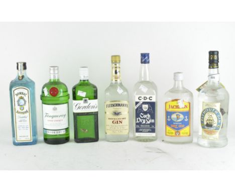 Seven bottles of gin, including; Plymouth Gin 1 litre, Cork Dry Gin, Fleishmanns dry gin, Jackson special dry gin, Bombay Sap