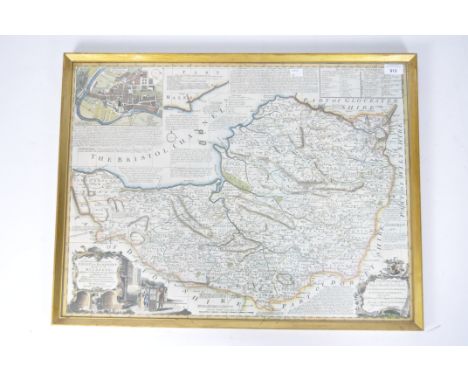 A print of a Georgian map of Somerset, by Emanuel Bowen (1694 - 8 May 1767), framed and glazed, 51cm x 68cm.