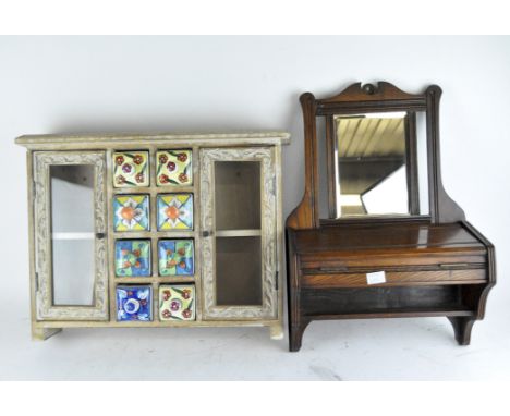 A contemporary wooden kitchen spice cabinet, with two glass panelled doors and eight ceramic drawers, height 35.5cm, together