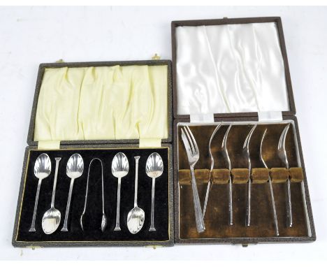 Two cased sets of silver plated flatware, one set comprising six teaspoons with shell bells and matching sugar tongs, the oth