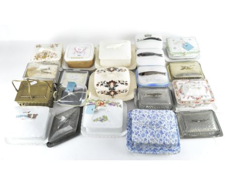 A collection of ceramic and silver plated lidded sardine dishes with various decoration, including French, Czech and English 