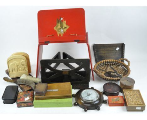 A selection of woodenware, to include a set of sliding bookends, Smiths ships wheel wall barometer, papier-mâché box and more