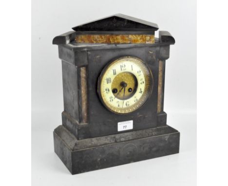 A 20th century slate mantel clock, enamel dial with Arabic numerals, on a mounted base (AF)