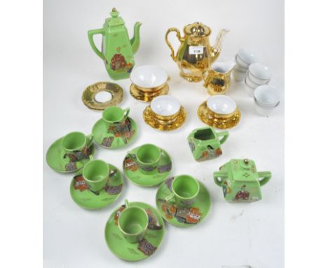 A Japanese part tea service, decorated with figures in traditional dress on a green ground and a Winterling part tea service 