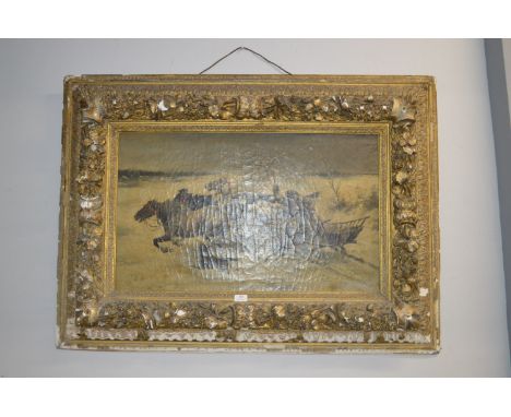 Oil on Canvas Winter Horse Sled Scene by E. Yerestachagen in Original Gilt Frame (AF) 