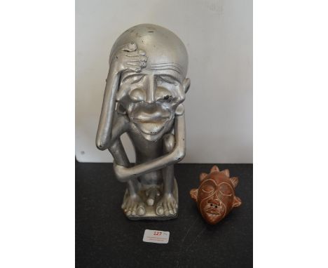 Silver Painted Terracotta Tribal Figure, plus a Small Terracotta Head