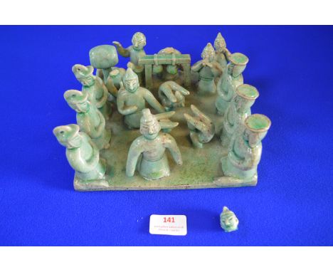 Celadon Glaze Ceramic Sculpture of Musicians and Acrobats 20cm²
