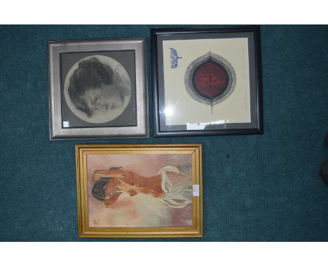 Oil on Board Nude, Charcoal Portrait, and a Signed Abstract Print 