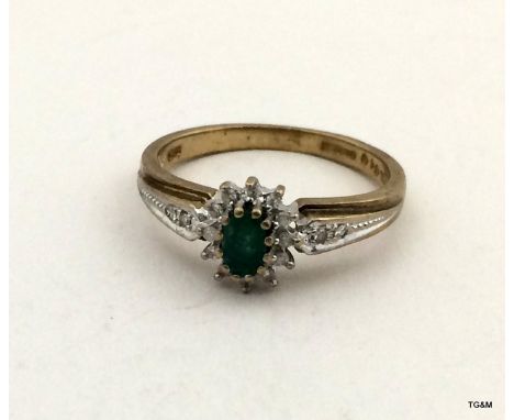 9ct gold ladies diamond and emerald ring size P