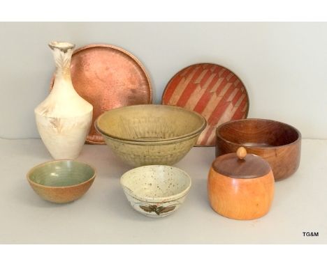 Various Miscellaneous Art Pottery some with marks to the base and a copper enamel dish