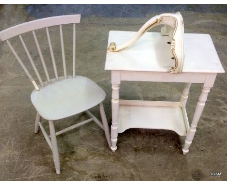 A white painted spindle back chair, dressing table and a white painted and gilt shelf