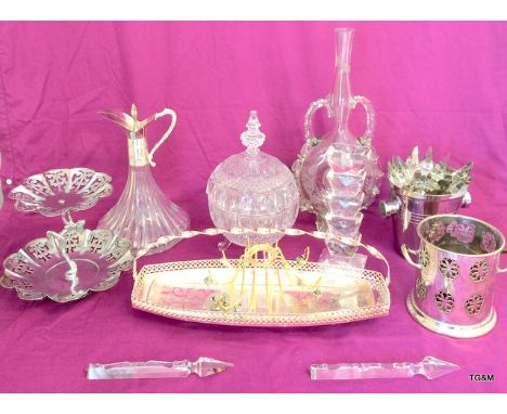 Assorted glass and white metal wine coolers, decanter, crystal chandelier spares