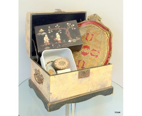 Chinese lacquer box, Chinese trunk lacquer tray and miscellaneous jewellery items