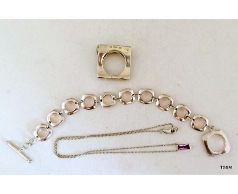 Silver designer bracelet and ring with pendant necklace