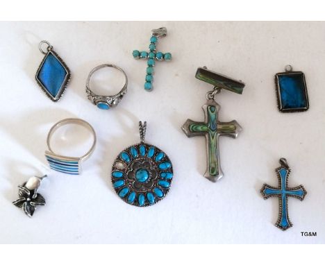 Misc silver enamel turquoise items
