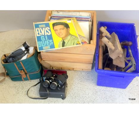 Collection of vintage records wooden tools, camcorder, binoculars 