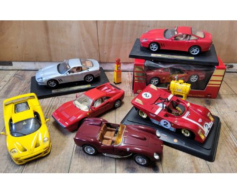 A Maisto 1/18 scale Ferrari 550 Maranello, red, tan interior; another silver, tan interior; an F50, yellow, yellow/black inte