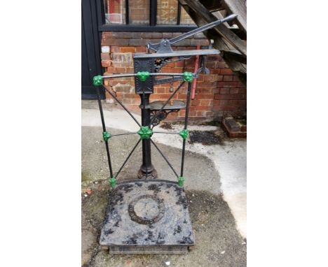 Day and Millward , Birmingham black and green cast iron platform produce / industrial weighing scale 130 h x 76 w x 71cm deep