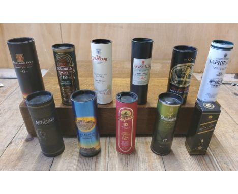 Whisky Miniatures - Highland Park single 12 year single malt from the Orkney Islands in original cylindrical tube; Bunnahabha