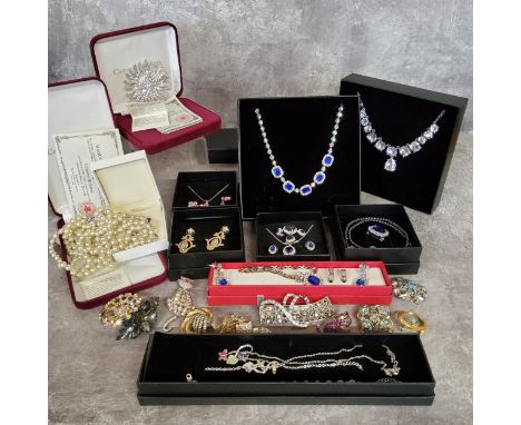 A Camrose &amp; Kross Jackie Kennedy Collection three string faux pearls necklace, box &amp; papers; another Sunburst Pin, bo