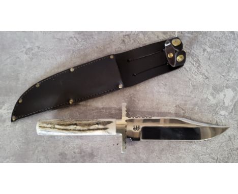 An A. Wright &amp; Sons Ltd 6" Bowie knife, bone stag&nbsp;Bone Stag handle and scale tang, brass bolster and guard, decorate