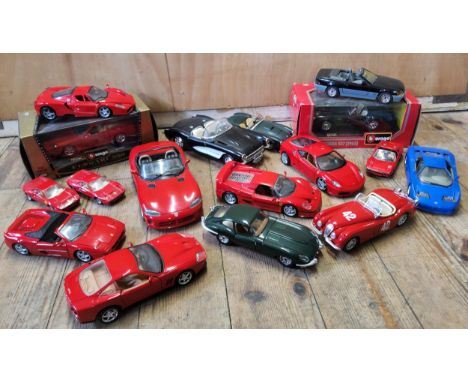 A Bburago 1/18 scale Dodge Viper, red, grey interior; Bburago 1/24 scale 550 Maranello; others including, AC Cobra, Bugatti E