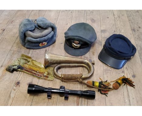 Militaria- a WWII British RAF captain's hat; an early 20th century brass bugle; small bayonet; Russian hat; reproduction Amer