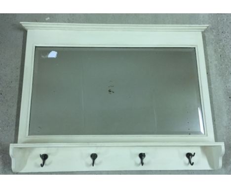 A oak painted hall mirror with shelf and 4 hooks.