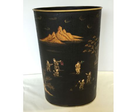 A black Toleware umbrella/stick stand with oriental design.