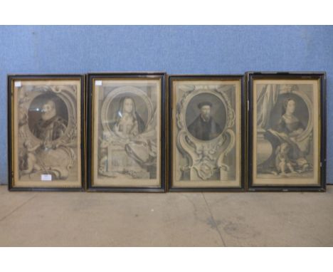 Four 18th Century engravings, Charles Howard Earl of Nottingham, Elizabeth Queen of K. Henry VII, Catherine Howard Queen of K