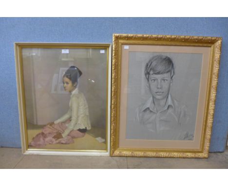 A Sir Gerald Kelly print, Saw Ohn Nyum and a portrait of a boy, charcoal, indistinctly signed 