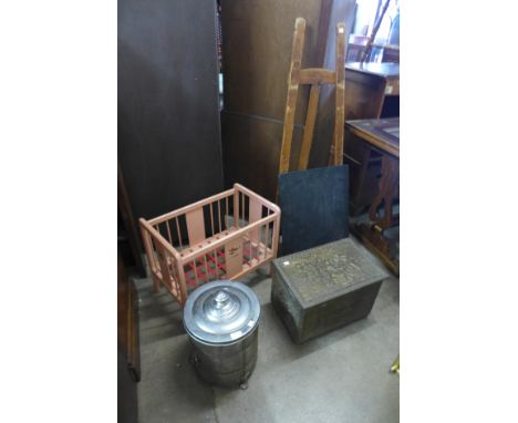 A painted pine easel, a cot, a brass coal box and one other 