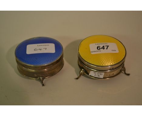 Two circular silver trinket boxes with enamel covers (one a/f)