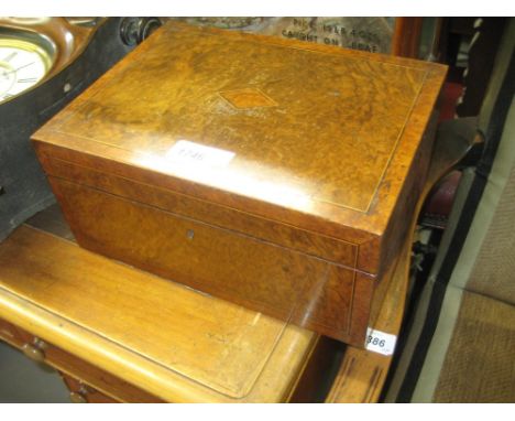 Victorian burr walnut and crossbanded box with hinged cover together with a similar tea caddy