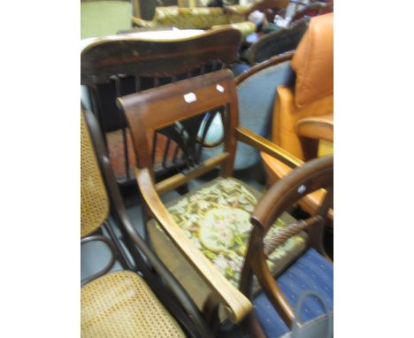 19th Century Continental fruitwood open armchair with ebonised splat back, needlepoint seat and square cut supports