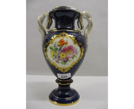 Late Meissen baluster form two handled vase, the serpent handles above a floral bouquet panel on a cobalt blue and gilt groun